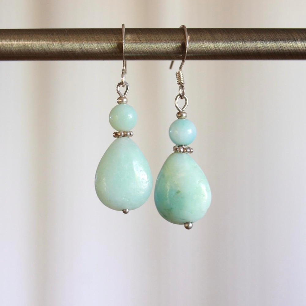 Handmade Amazonite Teardrop Earrings Beaded Dangle Gemstone Boho Cottage Fairy